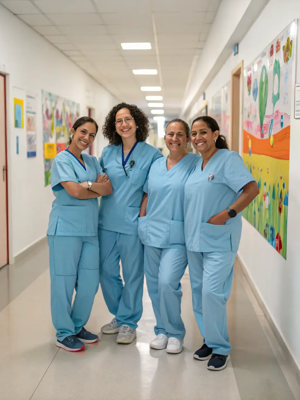 A diverse group of healthcare professionals smiling and collaborating in a modern care facility, representing a supportive and well-staffed environment.