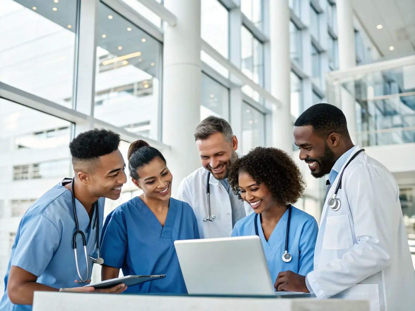 A diverse group of healthcare professionals collaborating in a modern care facility, using tablets and laptops to manage staffing schedules and patient information, reflecting the Talent Network feature of XenMedCare.
